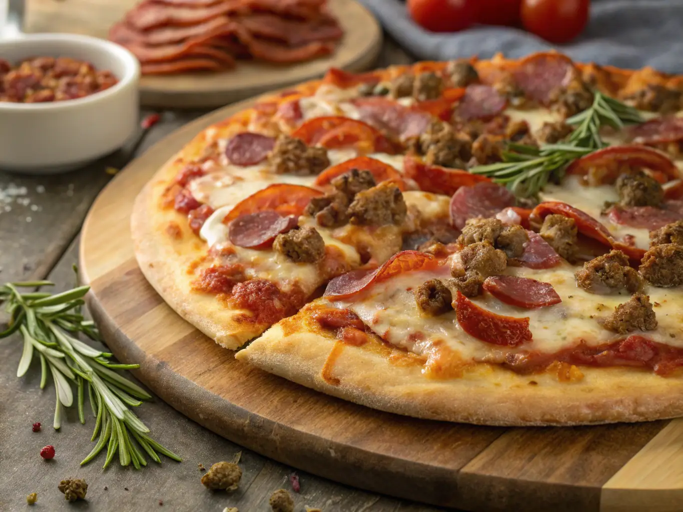 A mouthwatering image of a meat-lover's pizza loaded with pepperoni, sausage, bacon, and ham, covered in melted cheese and a rich tomato sauce.