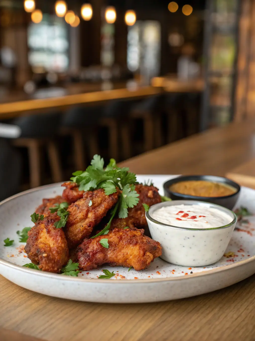 An enticing image of crispy chicken wings with a side of dipping sauce, showcasing the texture and flavor of the side dish.
