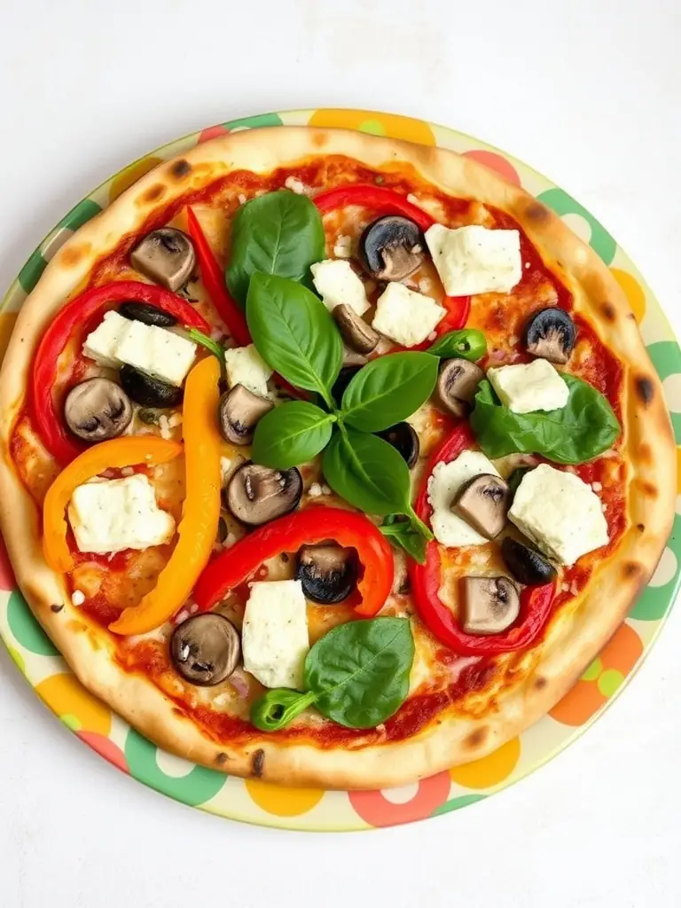 A close-up shot of a freshly baked vegan pizza with colorful vegetables and plant-based cheese, highlighting the freshness and variety of ingredients.
