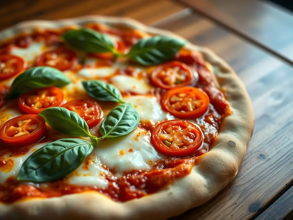 A high-angle shot of a classic Margherita pizza with fresh basil leaves, ripe tomatoes, and melted mozzarella cheese on a wooden board, showcasing its simple yet delicious ingredients.