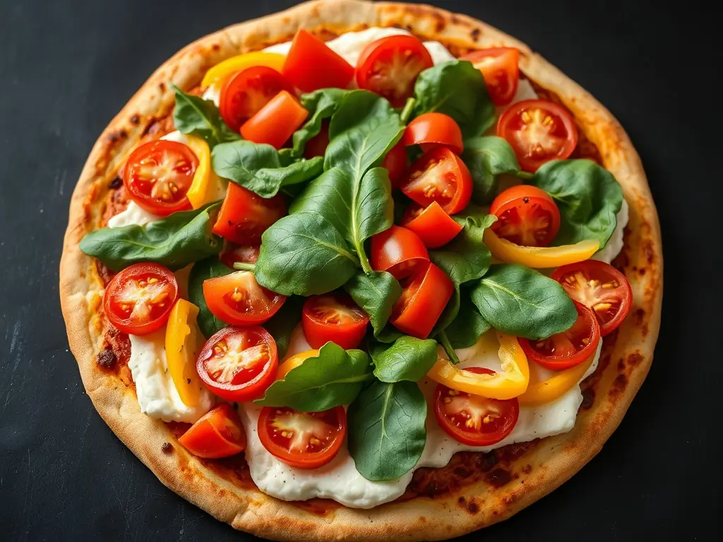 A vibrant image of a vegan pizza topped with colorful vegetables, plant-based cheese, and a drizzle of olive oil, highlighting its fresh and healthy ingredients.