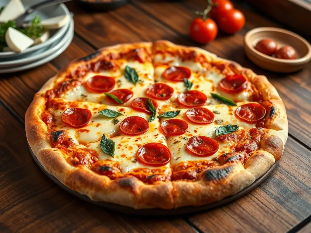 A mouthwatering image of a classic cheese pizza with a golden-brown crust, bubbling mozzarella cheese, and a sprinkle of herbs, placed on a checkered tablecloth in a warm and inviting pizzeria setting.