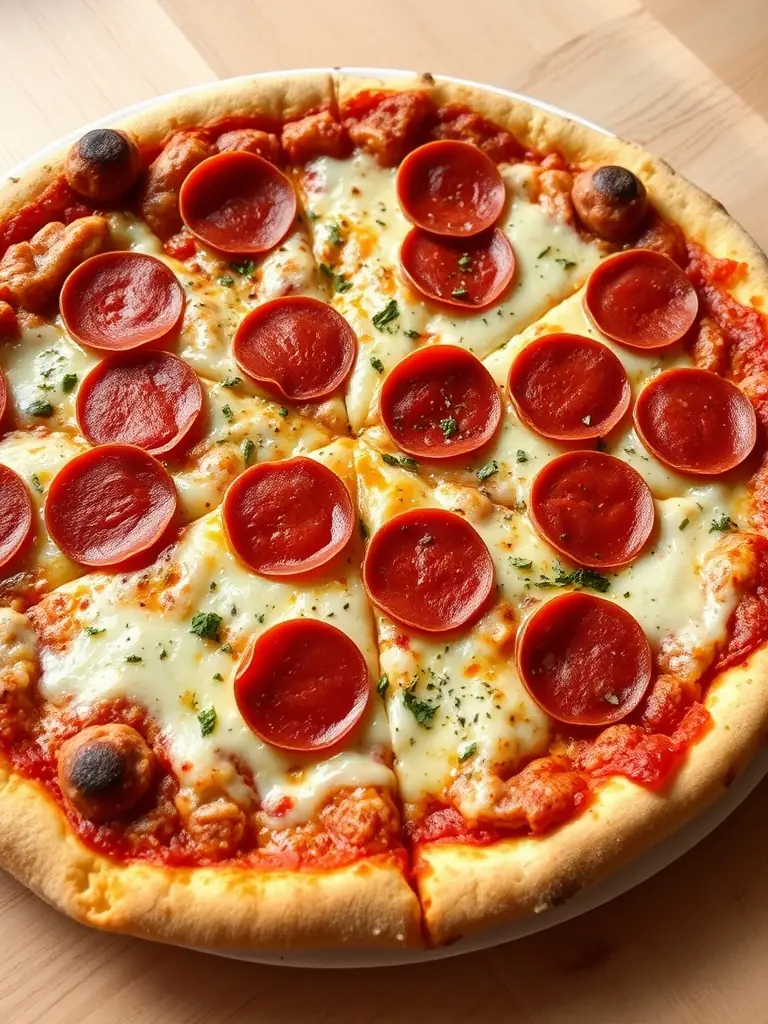 A visually appealing image of a pepperoni pizza with generous slices of pepperoni, melted cheese, and a slightly browned crust, highlighting the savory and satisfying nature of the pizza.