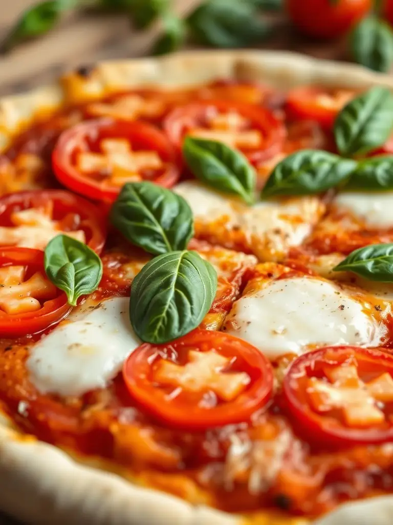 A close-up shot of a freshly baked Margherita pizza with vibrant red tomatoes, melted mozzarella, and fresh basil leaves, showcasing the simplicity and quality of the ingredients.