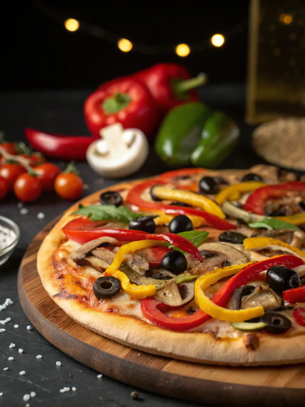 A tempting image of a vegan pizza with plant-based cheese, colorful vegetables, and a crispy crust, emphasizing the delicious and inclusive options for vegan customers.