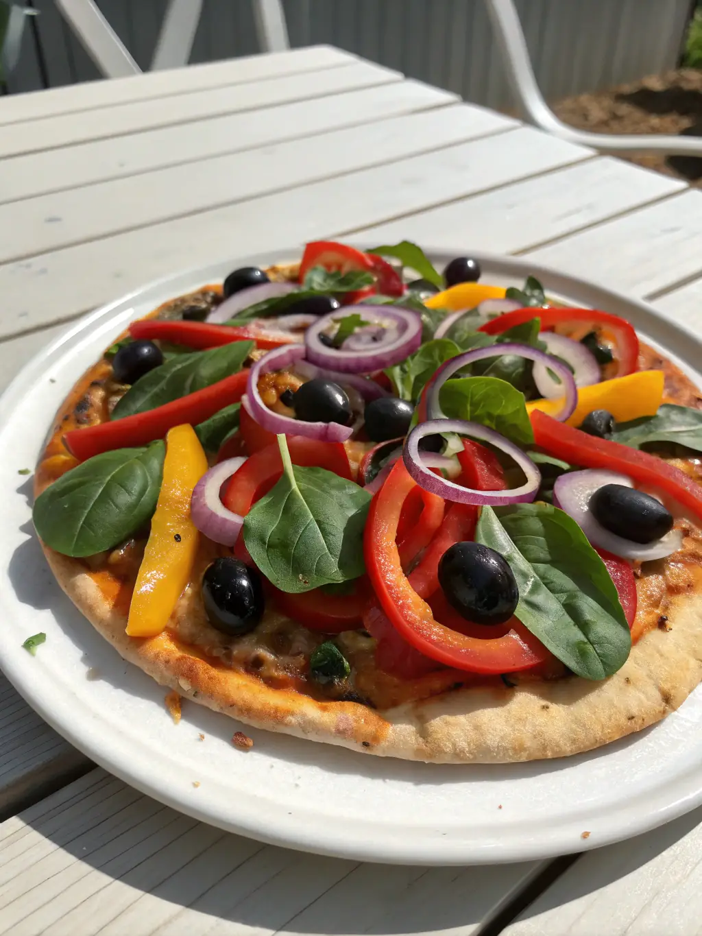 A colorful and appetizing image of a vegetarian pizza with a variety of fresh vegetables such as bell peppers, mushrooms, onions, and olives, showcasing the healthy and flavorful options available.