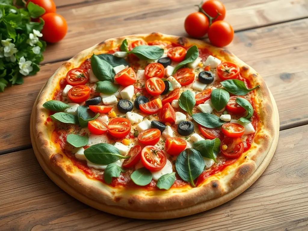 A vibrant and appetizing image showcasing a variety of vegan pizzas with colorful vegetables and plant-based cheese alternatives, arranged on a wooden table with a blurred background of a cozy pizzeria setting.