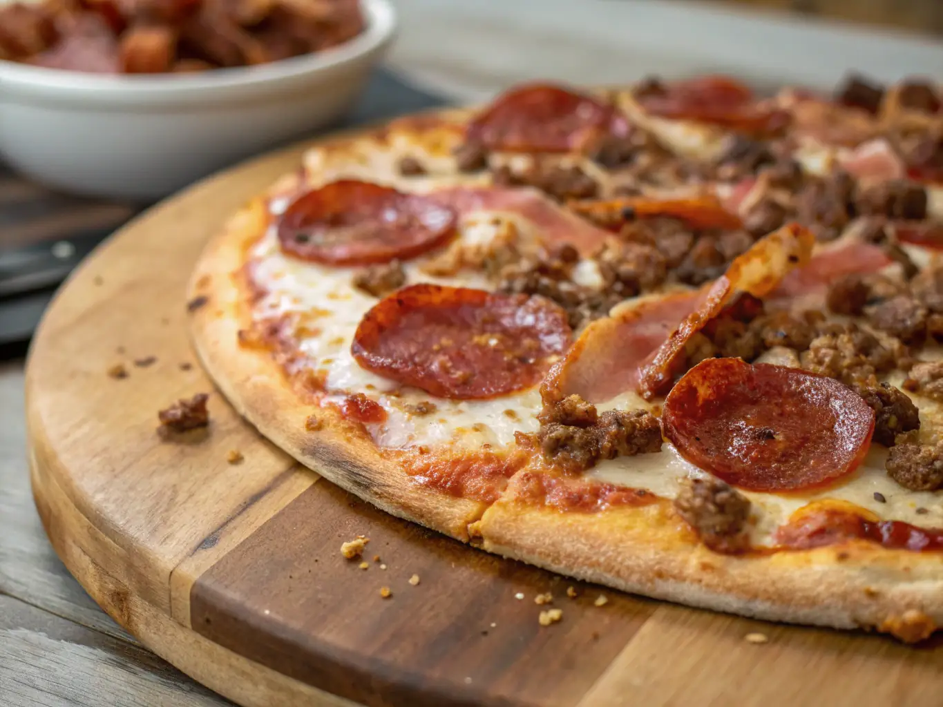 A close-up shot of a classic meat lover's pizza, featuring pepperoni, sausage, bacon, and ham, with melted cheese and a crispy crust, set against a rustic brick oven background.